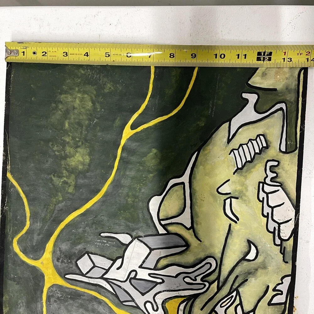 Vintage 1968 Abstract Nature Landscape Drawing Green Yellow Medium Original